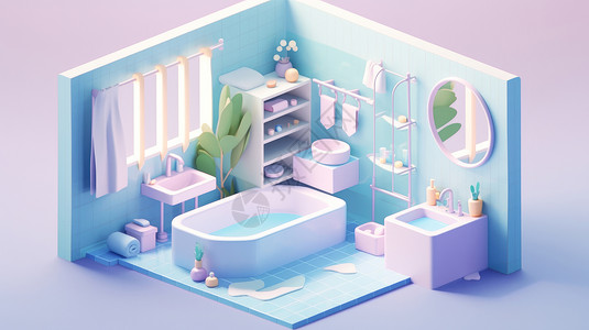 蓝色调可爱时尚的卡通浴室浴缸洗漱间背景图片