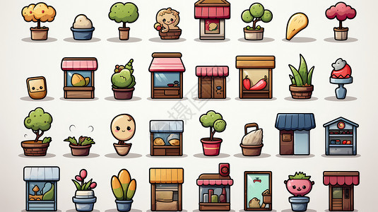 UI素材游戏各种各样可爱的卡通小房子盆栽各种可爱卡通形象图标插画