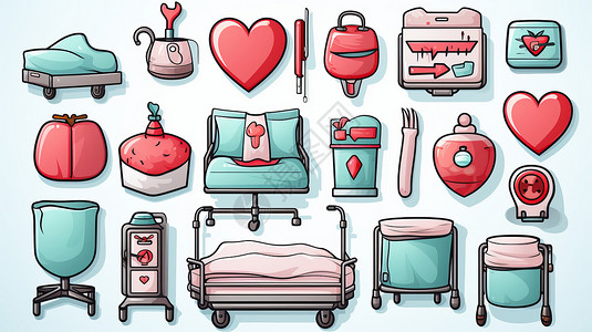 卡通医疗箱各种各样的医院可爱的卡通图标插画