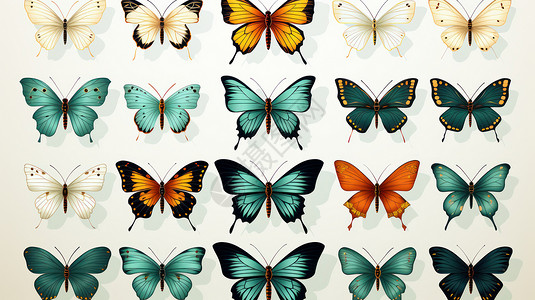 漂亮图标各种彩色漂亮美丽翅膀的卡通蝴蝶插画