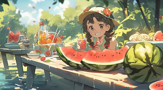 在树阴下吃西瓜喝饮料乘凉的可爱卡通女孩图片