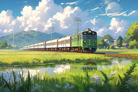 夏季草原旅游一辆火车行驶在美景如画的景点插画