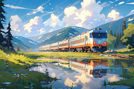 诗画草原一辆火车行驶在美景如画的旅游景点插画