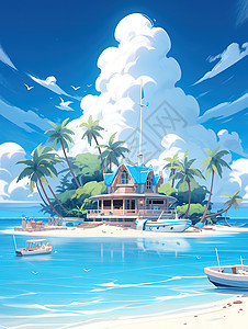 湛蓝的大海海岛旅行湛蓝海水帆船插画插画