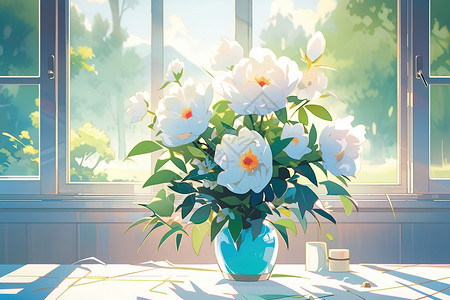 唯美花瓶插花窗户阳光下盛开的白色牡丹花治愈插画插画