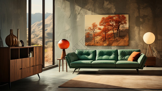 简约工业风客厅放着墨绿色双人沙发背景图片