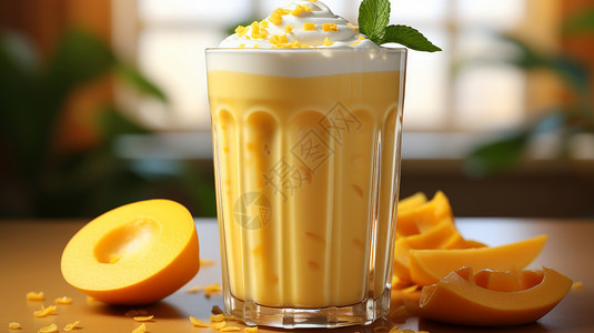 黄金芒果沙冰桌子上美味的芒果沙冰插画