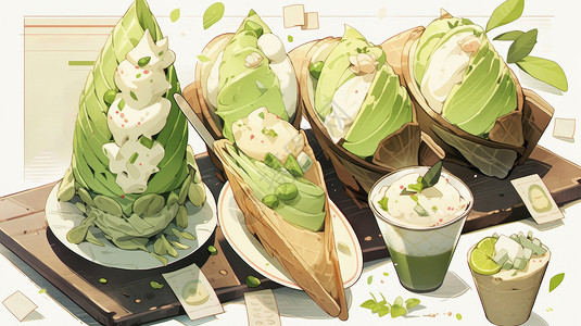 酸奶冰激凌小清新抹茶绿色柠檬卡通冰激凌插画