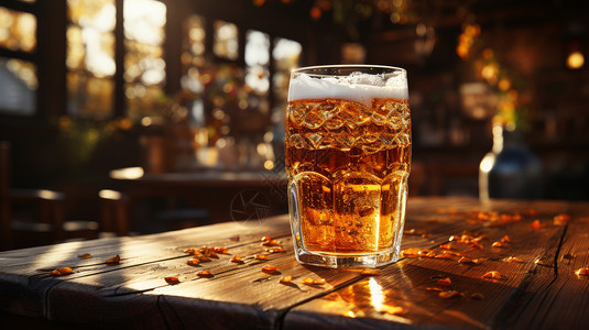 酒啤酒在木桌上优雅的冰块啤酒插画