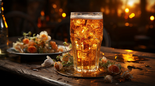 玻璃盘子玻璃杯中装满清爽诱人的啤酒插画
