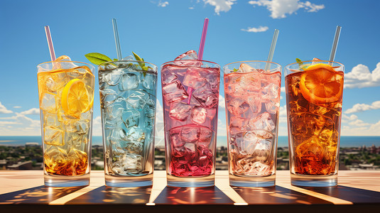 彩色玻璃杯阳光下彩色的夏日冰块饮料插画