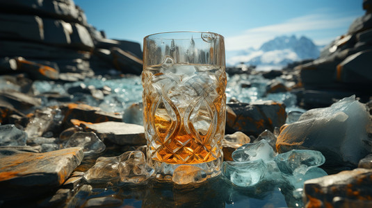 装满冰块饮料的玻璃杯在雪山中图片