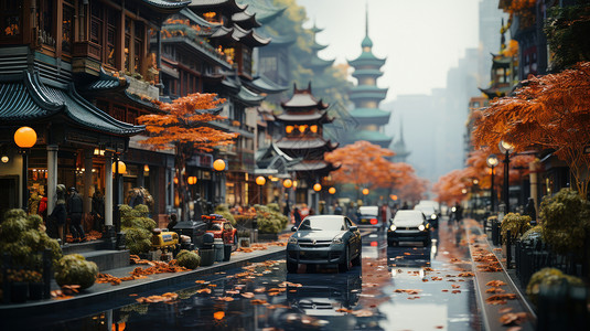 雨后的古风建筑街道行驶着车辆微缩场景背景图片