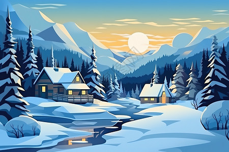 冬天自然景观山脉树木房屋插画图片