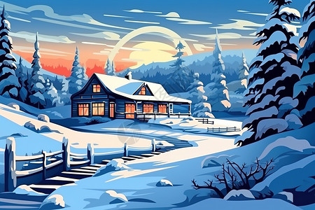 冬日自然景观山脉树木房屋插画图片