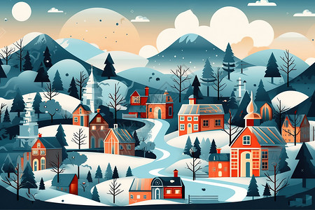 冬日日出冬天自然景观山脉树木房屋卡通插画插画