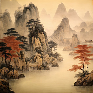 中国传统山水画两岸猿啼轻舟过万山诗意场景图片