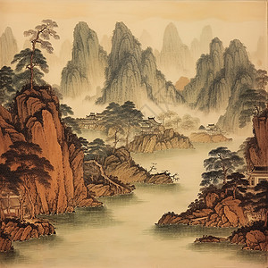 河两岸中国传统山水画诗意场景插画