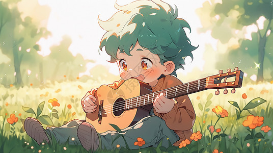 坐在草地上弹吉他的小男孩插画背景图片