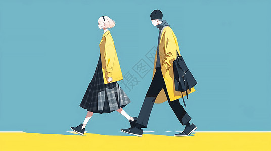 简约行走的男生和女生插画背景图片