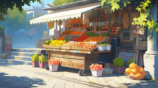 蔬菜水果店卡通路边的水果摊插画插画