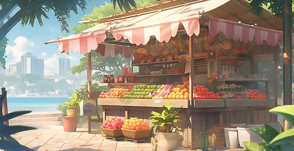 水果店插画阳光下的水果摊插画