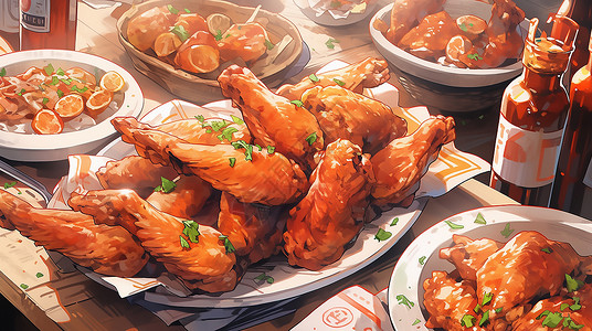 油炸鸡翅丰富的食物插画插画