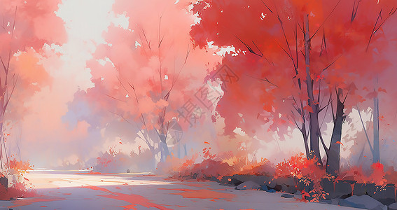 秋天光影唯美唯美路边的枫树风景插画插画