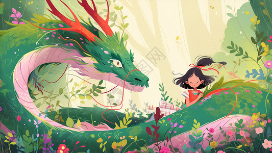 扎一个小辫子的可爱卡通女孩与绿色巨龙在花丛中图片