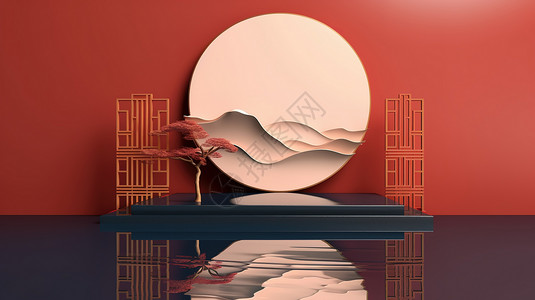 新中式圆形产品展台红色背景背景图片