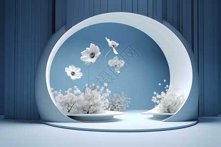 会展展位圆形展位花朵3D极简柔和梦幻设计插画