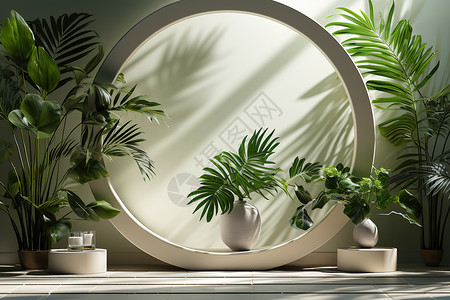 镜子装饰现代简约圆形白色平台绿植装饰3D简约立体背景插画