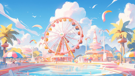 游泳池下砖块蓝天白云下梦幻的卡通游乐场粉色摩天轮插画