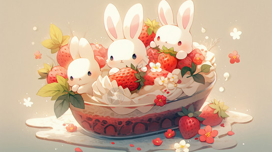 动物奶油可爱卡通小白兔蛋糕盆插画