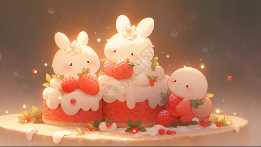 小奶油蛋糕卡通小白兔草莓水果蛋糕插画