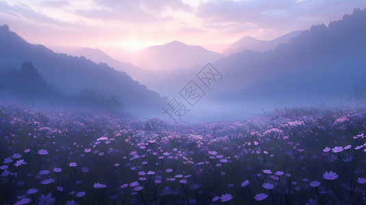日出紫色调美丽的小花在绵延的山中背景图片