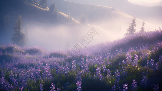 云雾山川中一大片美丽的紫色小花图片
