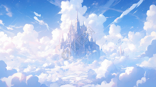 梦幻空中云朵上的卡通城堡图片
