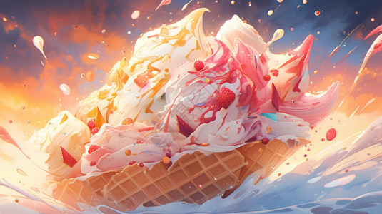 树莓果酱美味的卡通奶油冰激凌果酱甜筒套餐插画