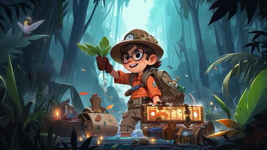 在森林深处手拿植物和探险工具的卡通男孩图片