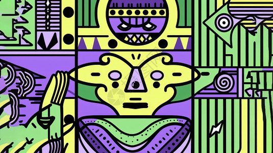 紫黄撞色抽象人物撞色扁平装饰画插画