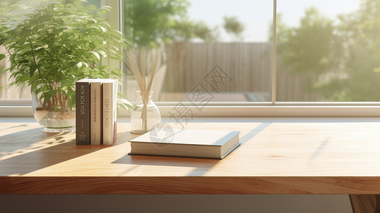 木窗台木桌上放着几本书与插画