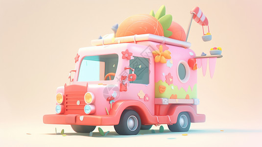 卡通冰激凌车雨中可爱的立体粉色卡车插画