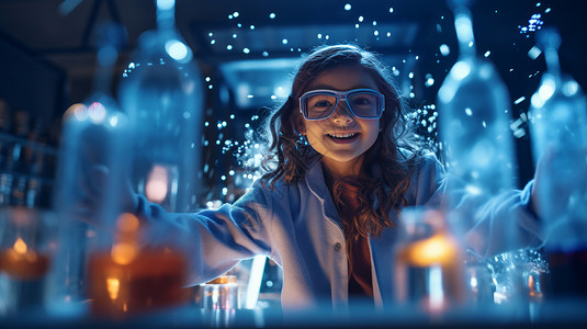 实验艺术在神秘实验室做科学实验的开心笑的女孩插画