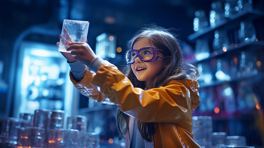 手举礼物盒的小女孩在实验室举着神秘冰块开心笑做实验的女孩插画