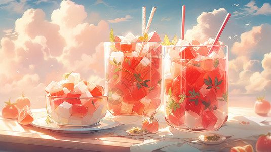 玻璃杯中小清新夏日卡通水果茶图片