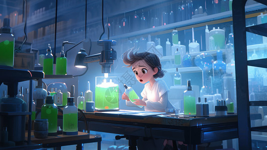 在实验室拿着绿色药水的卡通女科学家背景图片