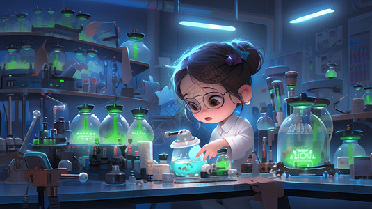 实验艺术戴眼镜的卡通女科学家在实验室做实验插画