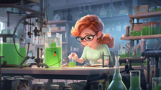 化学框戴着黑框眼镜在实验室忙碌的卡通女科学家插画