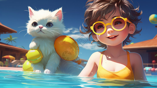 戴着黄色眼镜的卡通女孩与白色猫在泳池游泳高清图片